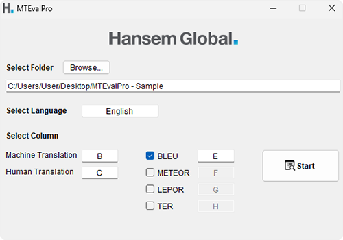 Interface of Hansem Global’s translation quality tool showing score metrics and analysis charts